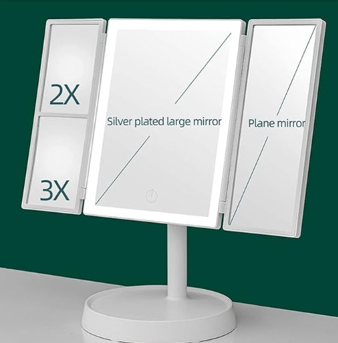 Folding Makeup Mirror with LED Lights 3 Color Lighted Table Makeup Mirror 2x/3x Magnification 360° Adjustable Rechargeable